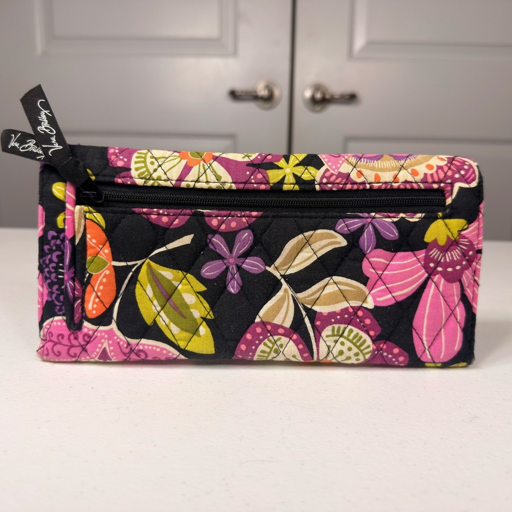 Vera Bradley Quilted Floral Trifold Wallet Black Purple Pink Organizer One Size - Picture 3 of 8